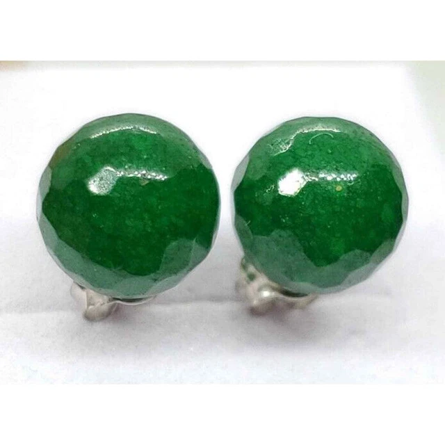 Vintage Solid 14k White Gold Green Jade Disco Ball Stud Post Earrings Unique