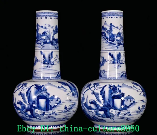 17 "Qing Kangxi cyan fleur de porcelaine Shanshui vase paire