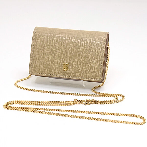 Burberry JESSIE Card Case with Chain Strap Beige Cowhide Small Wallet Business