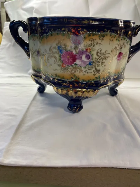 Very Large pre NIPPON Hand Painted Moriage Blue, Heavy Gilded Jardiniere
