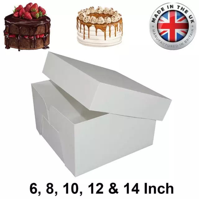 White Cake Box & Lid Stapleless Square 6, 8, 10, 12 & 14 Inch Wedding Birthday