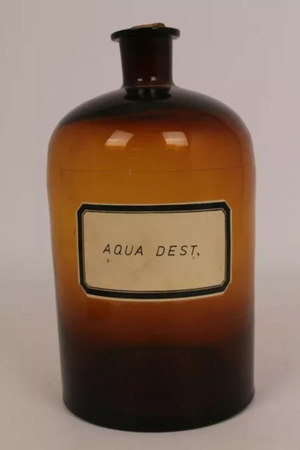 Apotheker Flasche Medizin Glas braun Korken Aqua Dest. antik Deckelflasche