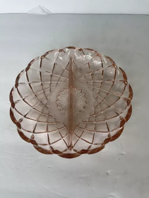 Rose Pink Depression Glass 2 Part Divided Candy Nut Relish Dish 6 1/2”