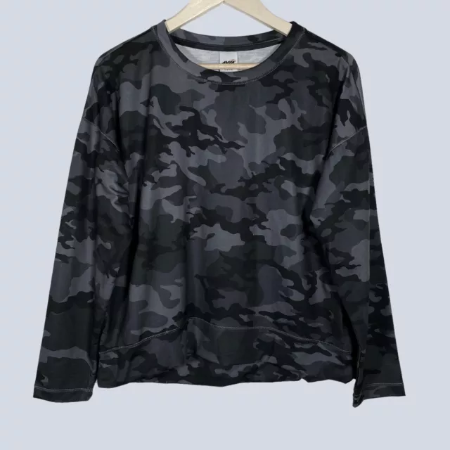 AVIA Womens T Shirt Top Large Long Sleeve French Terry Black Gray Camo Boxy NEW