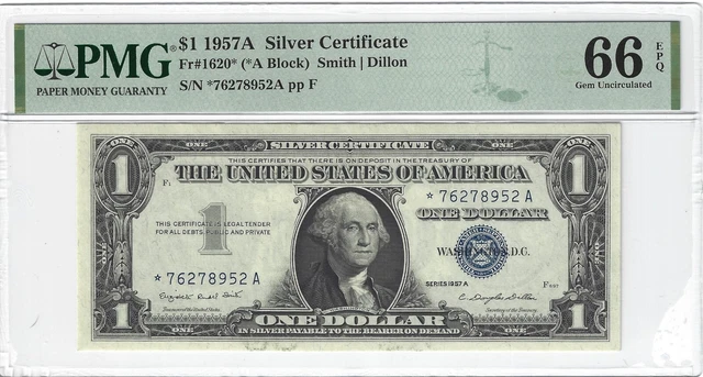 Fr.1620* 1957A $1 Silver Certificate Smith/Dillon (*A Block) PMG66EPQ GEM +