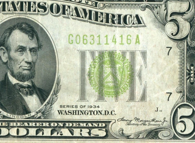 $5 1934 LGS LIME ((LIGHT GREEN SEAL)) Federal Reserve Note CURRENCY AUCTIONS