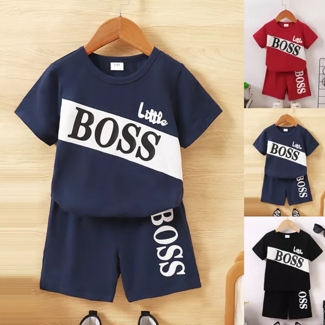 Kids Boys Little Boss T Shirt Shorts Tracksuit Summer Outfit Set Kids Clothes UK