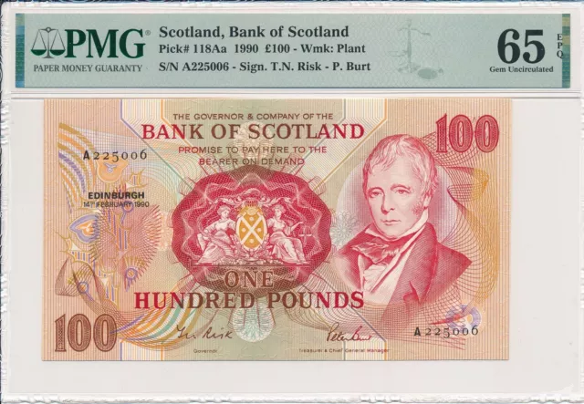 Bank of Scotland Scotland  100 Pounds 1990 Prefix A S/No 22x00x PMG  65EPQ
