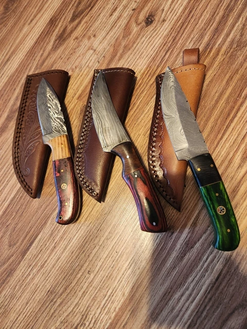 Hand Crafted Skinner Knife Damascus Ash Wood Brass Guard Lot of 3 Hiking