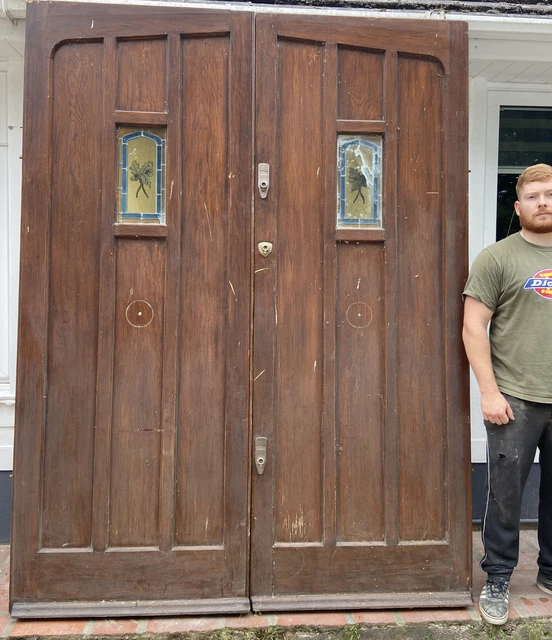 Huge Solid Oak Manor Front Doors Old Period Wood Antique Reclaim Stained Glass