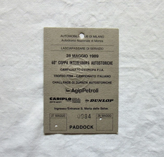 Biglietto Ticket  Pass Monza 1989 Paddock 40° Intereuropa Fia  Autostoriche
