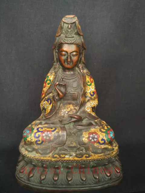 H9'' Collection Old Chinese Bronze Cloisonne Avalokitesvara Statue Decoration