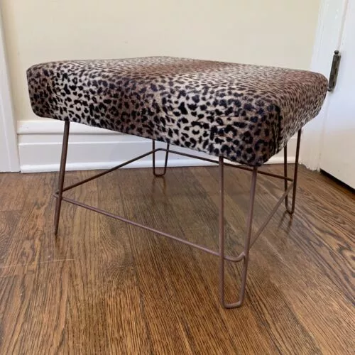 Vintage Mid Century Foot Stool Ottoman Square Hairpin Legs Animal Print Fabric