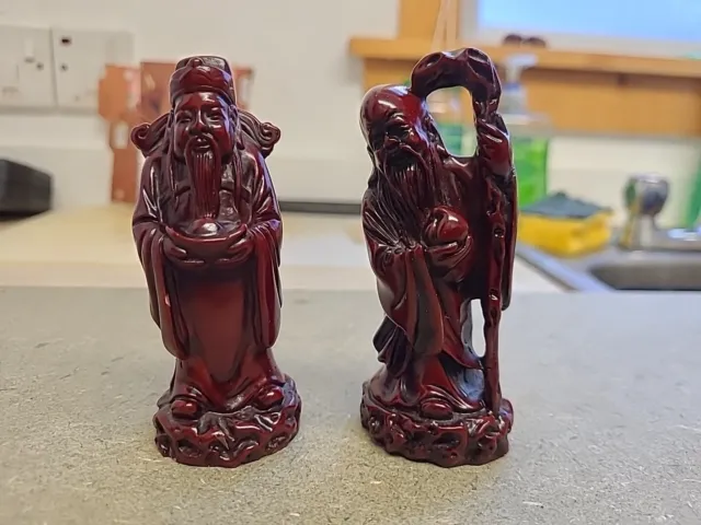 2 x Chinese Carved Red Resin Figurines Of Wise Old Men