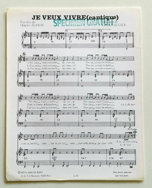 Partition sheet music HUGUES AUFRAY : Je Veux Vivre (Cantique) * 70's