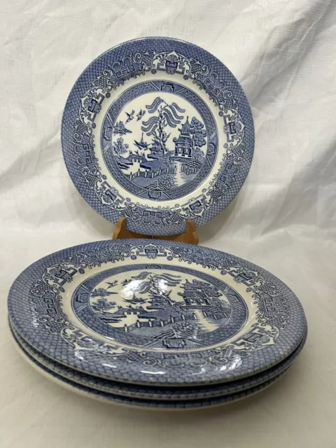 Vintage English Ironstone Tableware Blue Willow Dinner Plates Lot Of 4