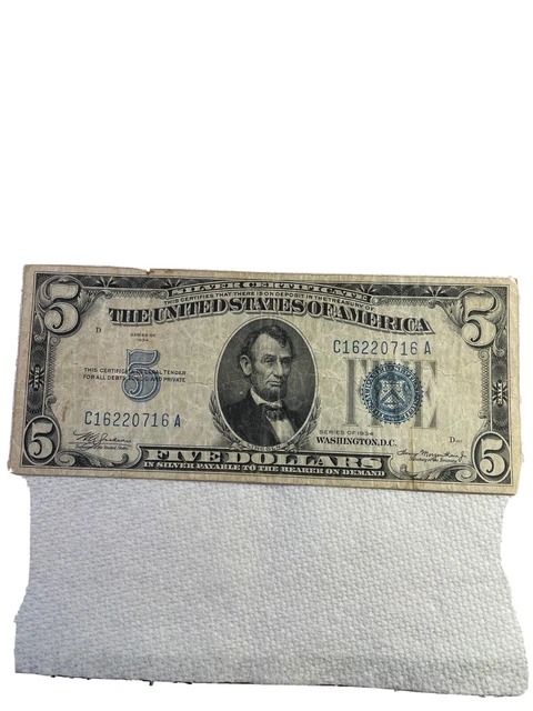 1934 Silver Certificate Five Dollar Blue Seal Note, no holes or tears