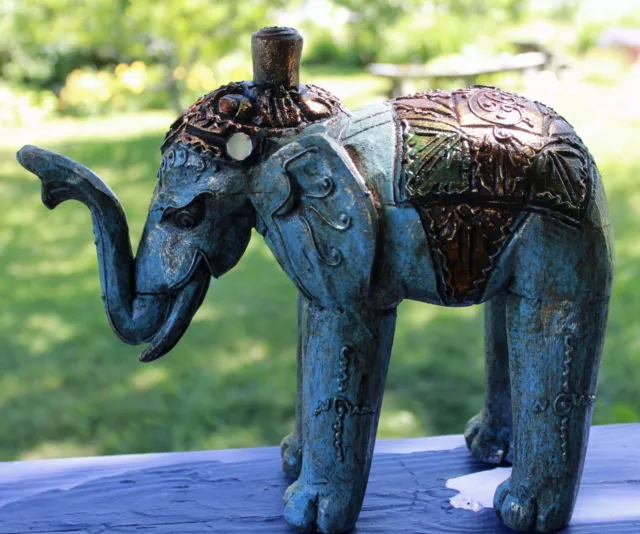 Blue Elephant Statue Figure hand Carved Painted Wood Balinese Art Boho Decor
