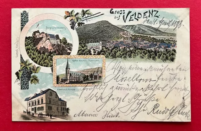 Litho AK VELDENZ 1898 Gasthaus Kropp, Kirche und Pfarrhaus, Burgruine ( 111771