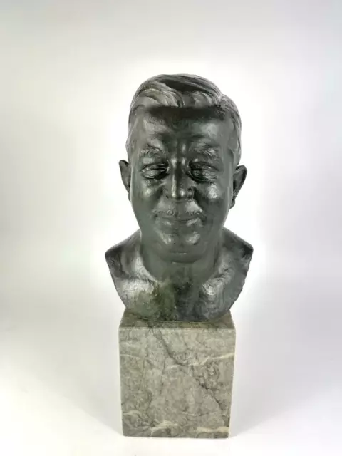 Antike Bronze Büste Eduard Beyrer 1927 Portrait Skulptur Marmorsockel Mann