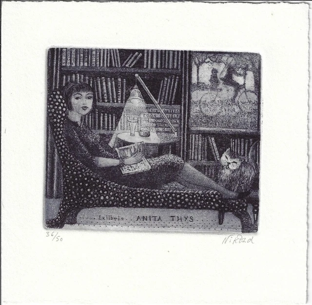 PATRICIA NIK-DAD: Exlibris für Anita Thys, Lesende mit Katze