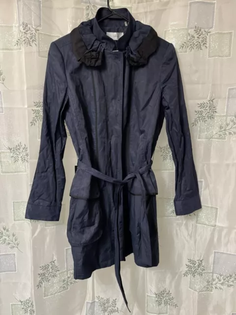 NWT! Rare Tahari Dori Coat Women’s Size Large Midnight Blue Zip Snap Hooded Belt