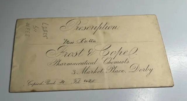 Antique Prescription Envelope  Frost & Cope Chemists Derby   To Miss Rutter