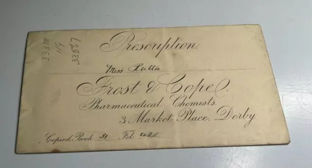 Antique Prescription Envelope  Frost & Cope Chemists Derby   To Miss Rutter