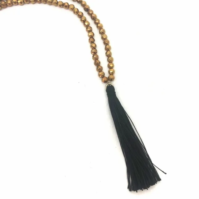 J. Crew black & gold tassel pendant bead necklace sparkle gold boho