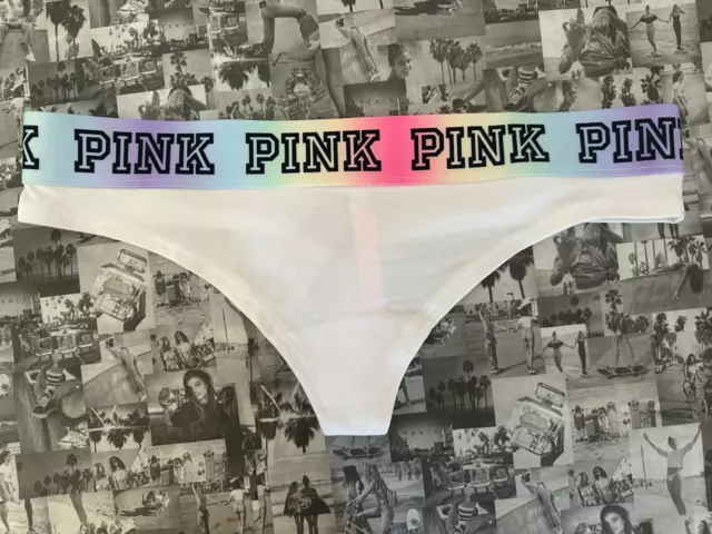 NWT Victoria's Secret PINK Block Elastic Logo Thong Panty  Optic White  Small  S