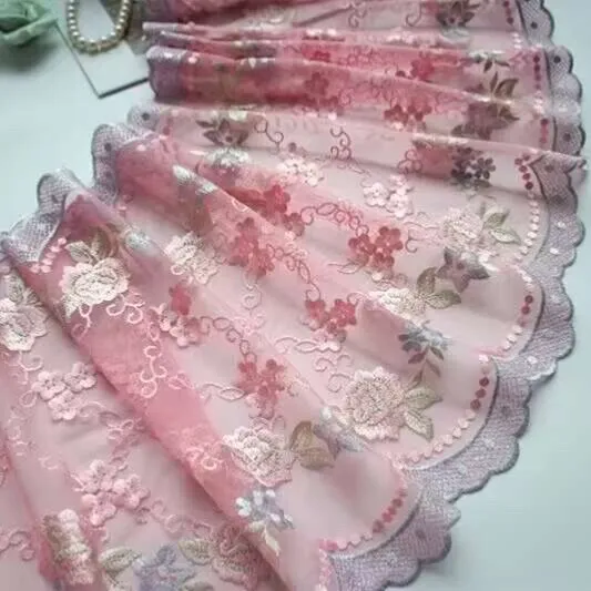 1 Yard Flower Pink Bilateral Embroidered Tulle Lace Trim Sewing Dress DIY Craft