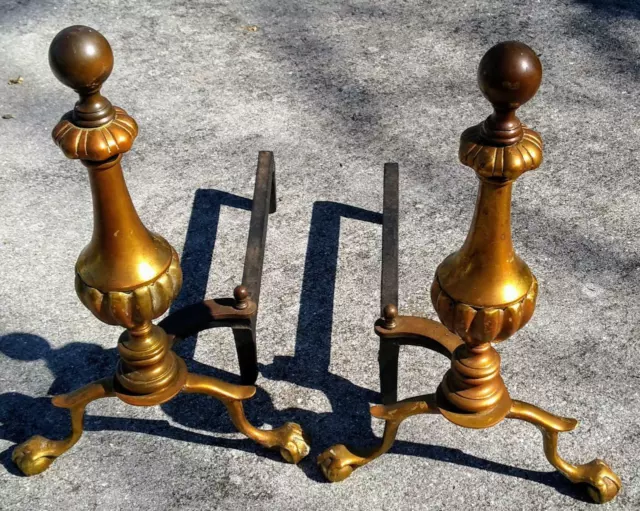 Old Vintage Brass Set Pair of Two 2 New York Sheffield Brass Fireplace Andirons