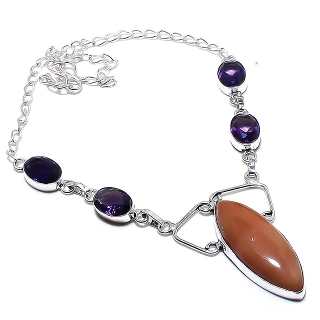 Orange Aventurine, Amethyst Gemstone Handmade Gift Jewelry Necklace 18" K204
