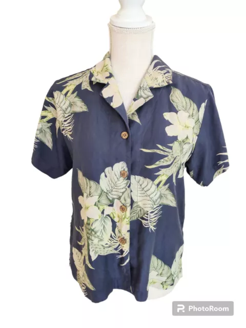 Tommy Bahama Womens Medium 100% Silk Hawaiian Shirt Floral Tropical Blouse Top *