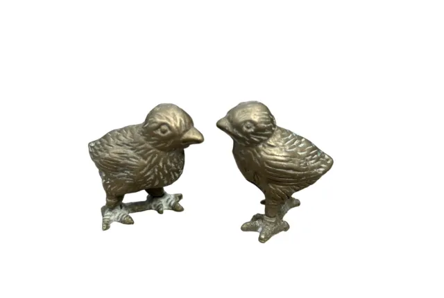 Set of 2 Small Bird Statue Brass Tweety Sparrow Baby Chick Vintage Figurine