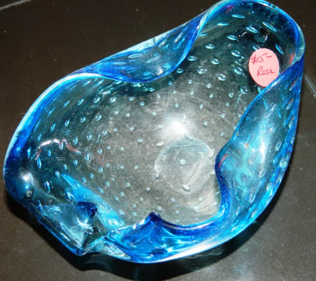 Vintage BLUE Art Glass Hand Blown Controlled Bubble Ruffled Edge Bowl