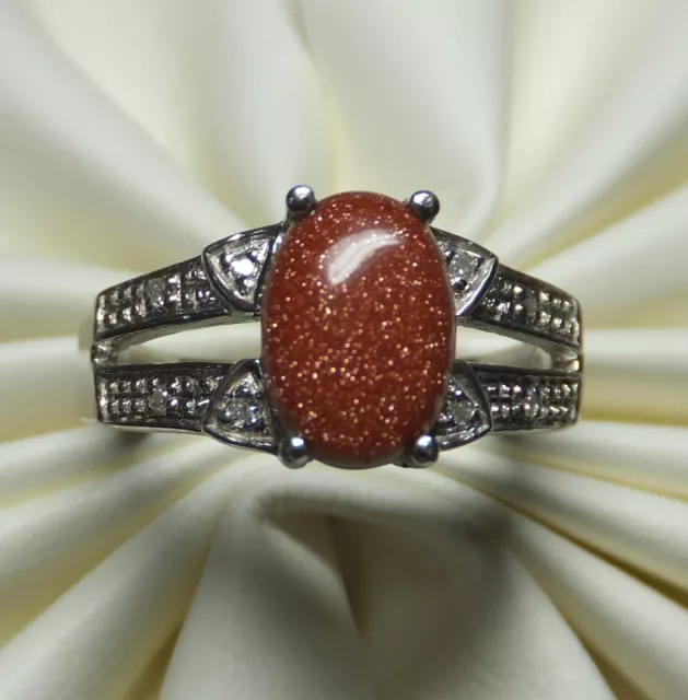 Brand New Sterling Silver Oval 8mm x 6 Goldstone Venturina & Diamond Ring Size 7