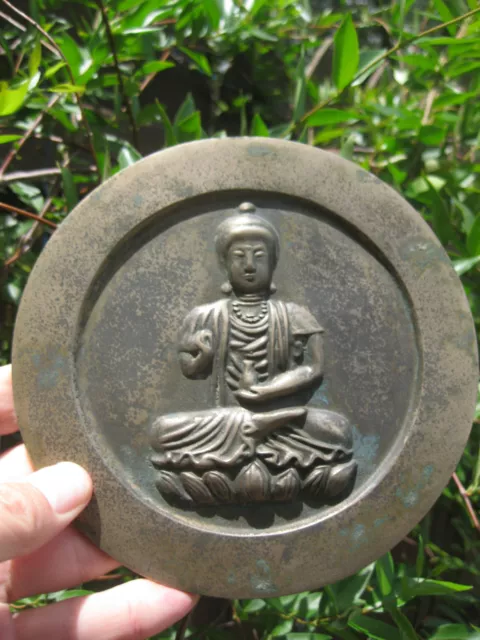 Chinese bronze mirror with sitting Buddha on lotus flower, 6”=15.8 cm; Rare