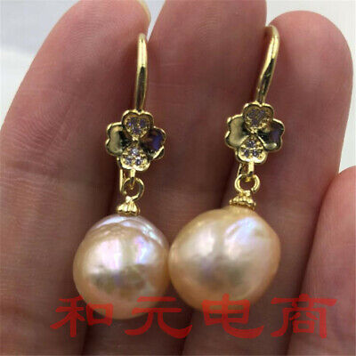 HUGE golden baroque pearl earrings  18K gold plating earbob leaf Mesmerizing AAA