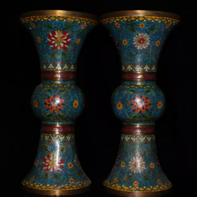 11.4" Qianlong Marked Old China Cloisonne Enamel Bronze Flower Bottle Vase Pair