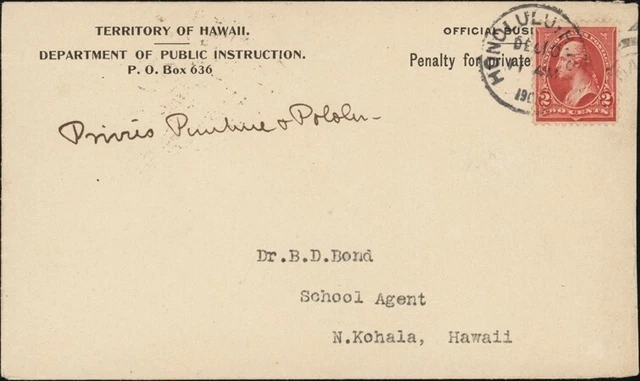 U.S Hawaii, 1901. Territoire Officiel Housse 279B, Honolulu - N.Kohala, Haute