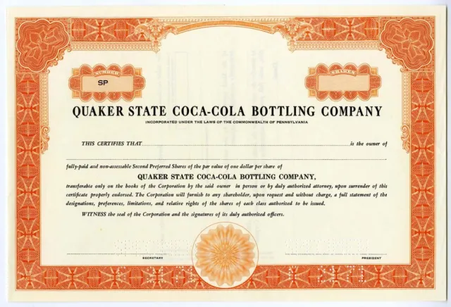 PA. Quaker State CocaCola Bottling Co, 1971 Odd Shrs Specimen Stk Certificate XF