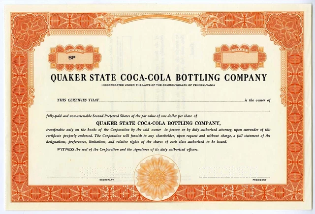 PA. Quaker State CocaCola Bottling Co, 1971 Odd Shrs Specimen Stk Certificate XF