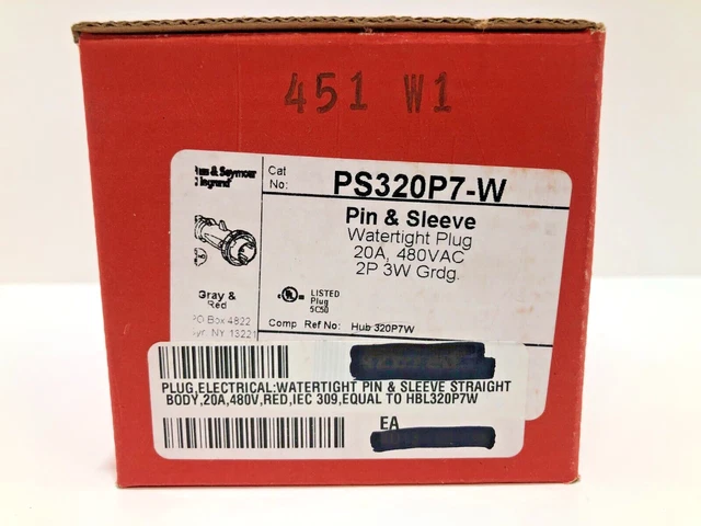 Legrand Pass & Seymour PS320P7-W Watertight Plug, 20A, 480VAC, 2P, 3W, Grdg. NIB