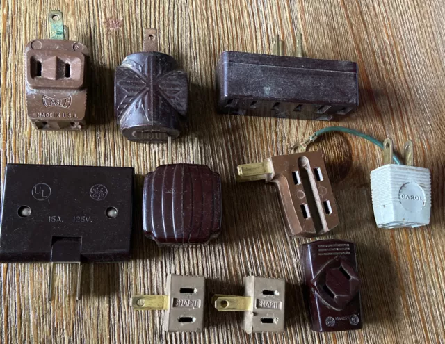 Vintage Lot 3-way & 2 Plug Adapter Brown Rubber Bakelite EAGLE, Leviton, Gem, GE