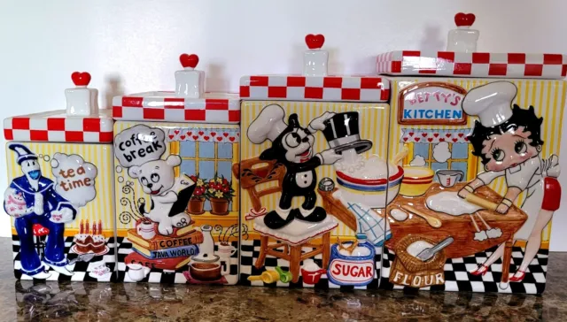 Retired 8 PC Betty Boop And Friends Ceramic Kitchen Canisters 1999 Danbury Mint