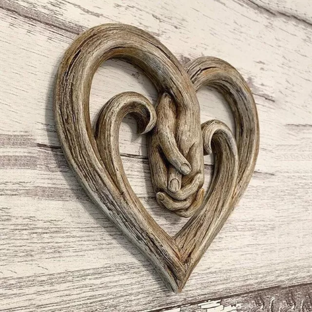 Wooden Heart Holding Hands Wall Decor Sculpture Wall Art Handshake Pendant CraG4