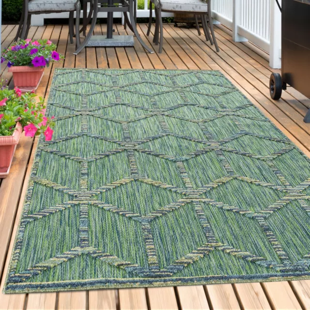 Outdoor Teppich Grün Rauten Skandi Design Wetterfest für Balkon, Garten, Terasse