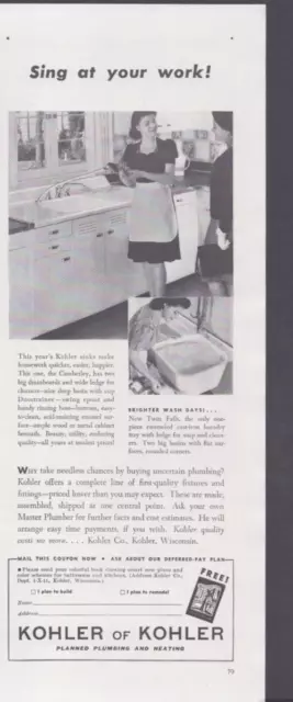 1941 Print Ad  Kohler of Kohler Planned Plumbing and Heating Sing at Your Work