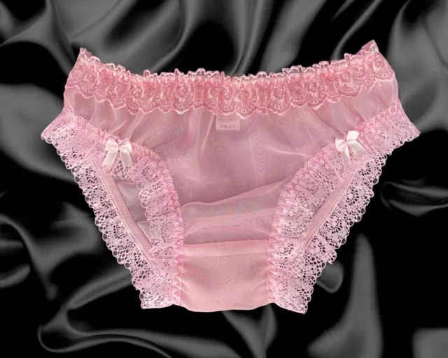 Baby Pink Sissy Sheer Soft Nylon Frilly Tanga Bikini Panties